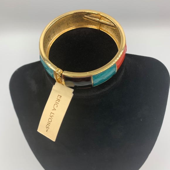 Erica Lyons Enamel Gold Tone Costume Hinged Bangle Bracelet Boho 80’s teal red - Picture 2 of 13